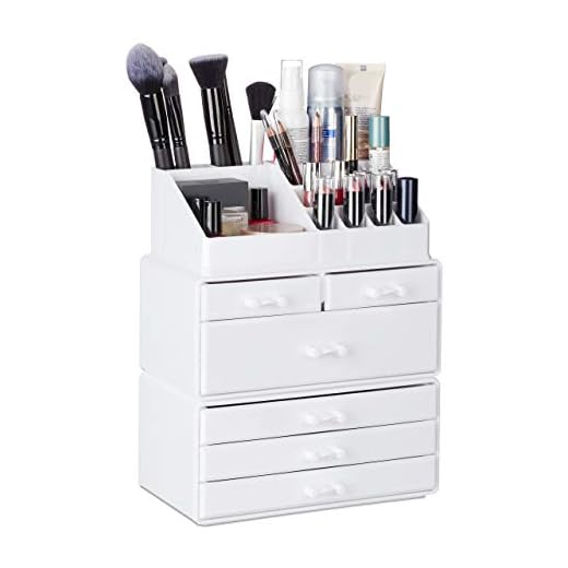 Relaxdays Organizador de Maquillaje con 6 Cajones, Acrílico, Blanco, 29 x 23.5 x 14 cm, Fibra