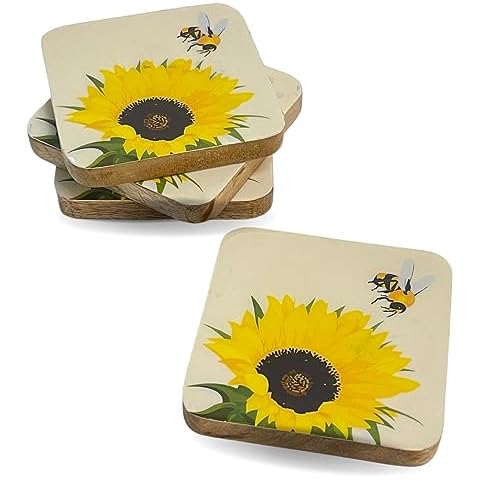 Lexi Home Sunflower Bee Mango Wood 4 Pc. Square Coasters Cover