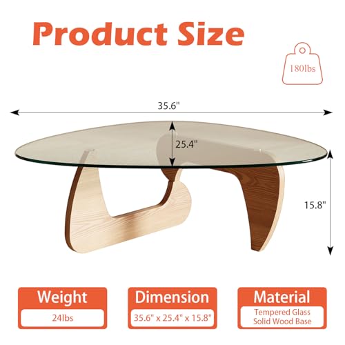 Image of Modern Coffee Table for Living Room and Small Spaces, 35.6 inch x 25.4 inch x 15.8 inch Triangle Tempered Glass Table Top and Solid Wood Base, Natural Wood