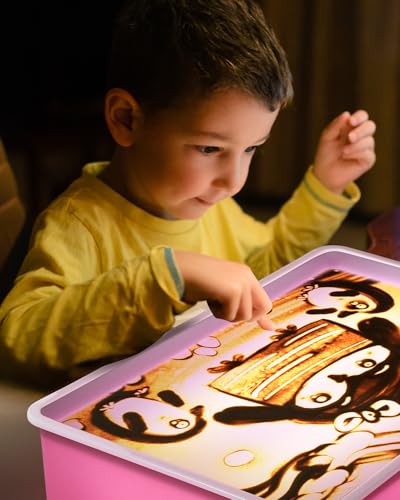 AtMini Sandmalerei Lichtkasten für Kinder mit 4 Packungen NatursandSand, Sandtablett Set für Kinder Sand Sensory Spielzeug ab 3 Jahr（Rosa）