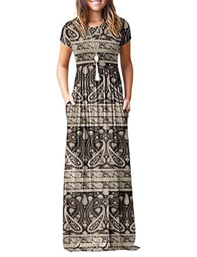 Image of MISFAY Women's Short Sleeve Maxi Dresses Long Casual Dresses with Pockets | Empire Elastic Waist, Crew Neck, Floor Length, Strentchy Flowy A Line Fit, Loose Plain Summer Outfits, Vacation Wear