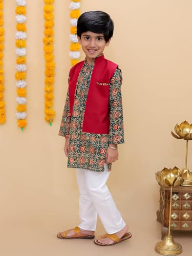 Image of The Mom Store Boys Printed Cotton Kurta Pajama Set With Jacket | Soft And Comfortable Ethnic Wear For Baby /Kids Boys | Full Sleeves Kurta Pyjama Set | Traditional Indian Outfit