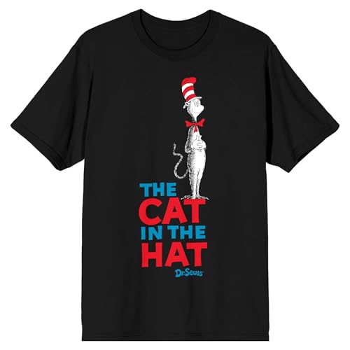 Dr. Seuss The Cat in The Hat Title Text Adult Black Crew Neck Short Sleeve T-Shirt-Medium