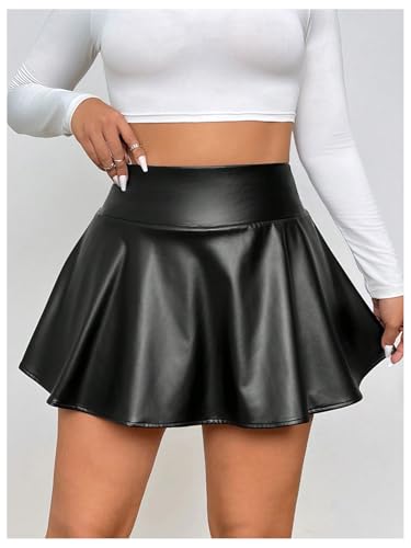 WDIRARA Women's Plus Size High Waisted Flared PU Leather Skirt A Line Short Skirts with Phone Pocket2