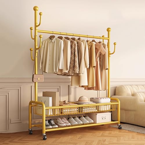 Burro Ropa Con Ruedas,Perchero Colgador,Vestidor,Resistente,Perchero De Pie Metálico,Con Soporte Para Zapatos,Para Colgar Ropa,Perchas,Camisas,Pantalones,Chaquetas Finas (Negro)(Gold,120cm(47.2in))