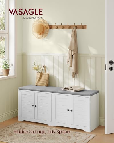 Image of VASAGLE Shoe Storage Bench with Cushion, 3-Tier Entryway Bench with Padded Seat, Doors, Adjustable Shelves, 14 x 47.6 x 20.7 Inches, for Hallway, Bedroom, Cloud White and Dove Gray ULSB048WB01