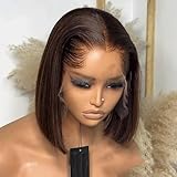 Lagos M Shaped Glueless Wig Silky Straight Short Bob 150% Density New Trend Lagos Hairline Brown Chocolate Color Human Hair Wig 13x6 HD Invisible Lace Front Wigs with Bleached Knots 8 Inch