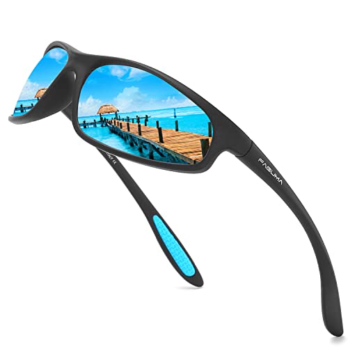 Image of FAGUMA Polarized Sports Sunglasses For Men Cycling Driving Fishing UV400 Protection, Matte Black Frame /Blue Mirrored Lens, Standard