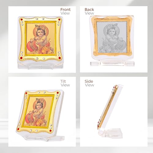 Image of Gopal Krishna Idol for Car Dashboard Showpiece Decor Golden Foil (Plated) Religious Frame for Pooja, Prayer and Gift