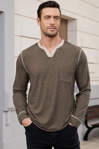 Men's Casual V Neck Long Sleeve Tees Henley T-Shirt Comfortable Pullover Tops with Pocket3