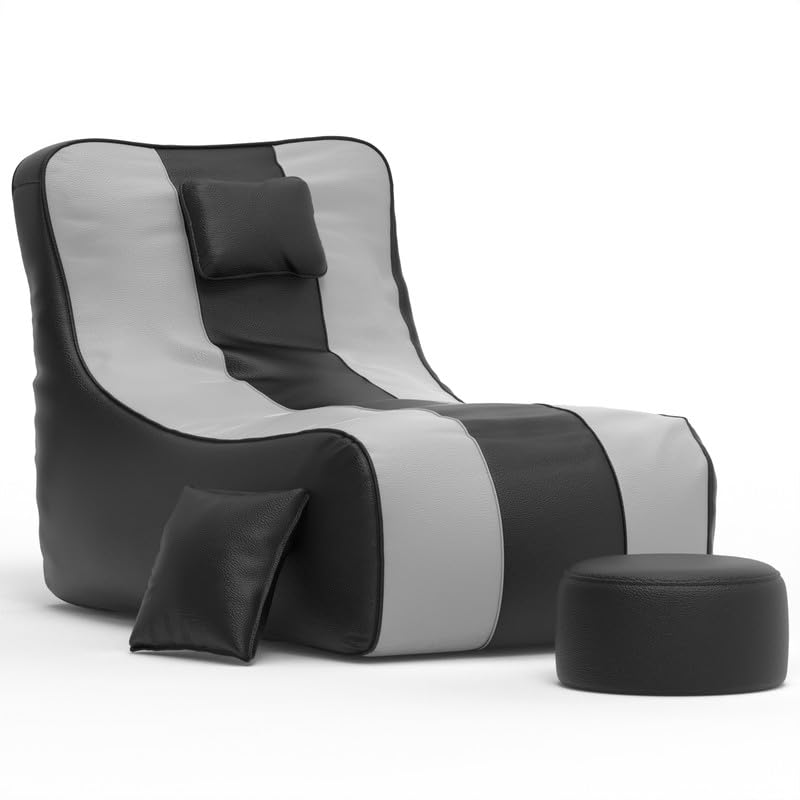 Image of Biggie Bean Bag with Beans Filled 6XL Zuno Lounger-Laziness Pro Max-Crafted for Comfort-Styled for Elegance with Free Cushion & Footrest (Matching Color : Leatherette Black Light-Grey)