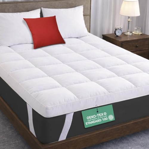 MightySoft Mattress Topper Double Bed 10cm, Extra Deep Quilted Microfiber Topper for Cloudlike Comfort with Extra Warmth & Breathable Support, Fluffy Design with Secure Elastic Straps for Better Sleep