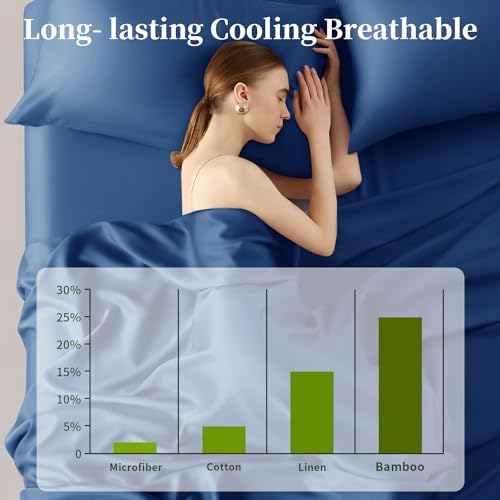Shilucheng 100% Viscose Derived from Bamboo_ Sheets Cal King Size 4pcs - Ultra Cooling & Silky Soft Bed Sheets, 16" Deep Pocket, Perfect for Hot Sleepers, Hotel Bedding Sheets (Navy Blue)