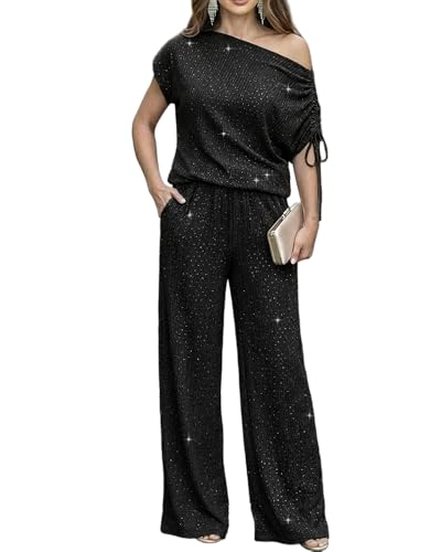 CHICME Women's Rhinestone 2 Piece Set Cold Shoulder Top Wide Leg Pants-bk-M