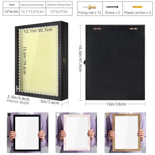 Image of TJ.MOREE Large Shadow Box 13x16 Flowers Display Case Wooden Picture Frame | Fits 12x15.6 Inserts with Linen Back Rustic Keepsake Box with Glass for Graduation Bridal Shower Wedding Gifts