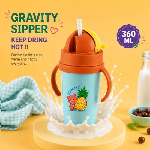 Image of Nabhya Inner Stainless Steel & Outer Plastic 360ml BPA-Free Cute Animal Design Baby Sipper Kids Water Bottle with Straw and Side Handle for Kids (Blue)