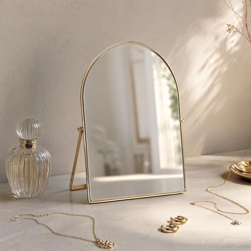 ZYApril Gold Metal Makeup Mirror with Stand, Arched Desk Mirror