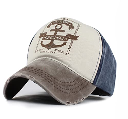 LONGTEN Vintage Baseball Cap Fashion Anchor Pattern Denim Cotton Frayed Edge Sunhat Adjustable Unisex A