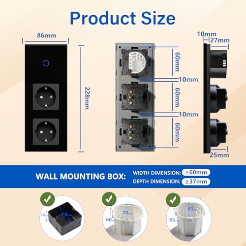 BSEED Touch Lichtschalter mit Schuko Steckdose mit LED Anzeiger 1 Fach 2 Wege Glas Lichtschalter mit Doppelt Wandsteckdosen Schwarz 228mm
