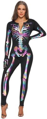 Spooktacular Creations Adult Women Skeleton Costume Glow in the Dark Skeleton Jumpsuit Halloween Fancy Dress Up Role Play Cosplay