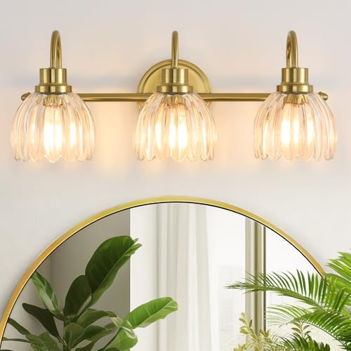Image of Bathroom Light Fixtures (3-Light, 20 Inch), Brushed Gold Vanity Lights for Bathroom with Ribbed Clear Tulip Glass Shade, Vintage Vanity Wall Lights for Mirror Bedroom Living Room Hallway