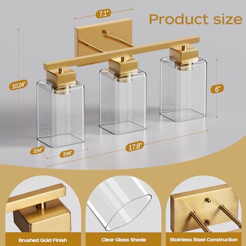 Image of PARTPHONER 3-Light Bathroom Light Fixtures, Brushed Gold Modern Vanity Lights, Bathroom Lighting Fixtures Over Mirror, Square Design Farmhouse Wall Sconces with Clear Glass Shades