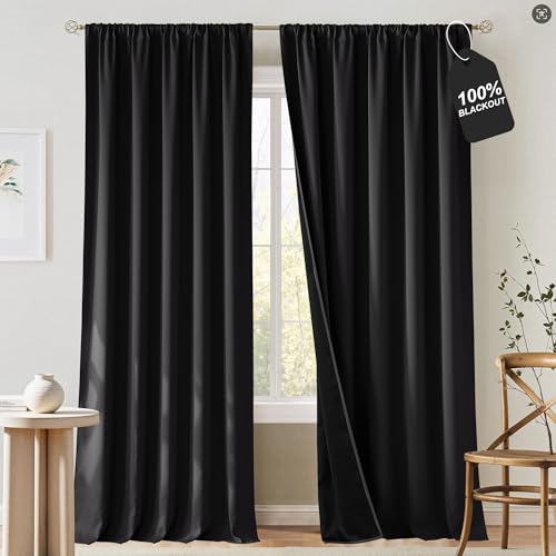 NICETOWN Black Out Curtains 96 inch Long, Rod Pocket 100% Blackout Window Treatment Thermal Curtains & Drapes Sound Reducing for Living Room, W52 x L96, 2 Panels