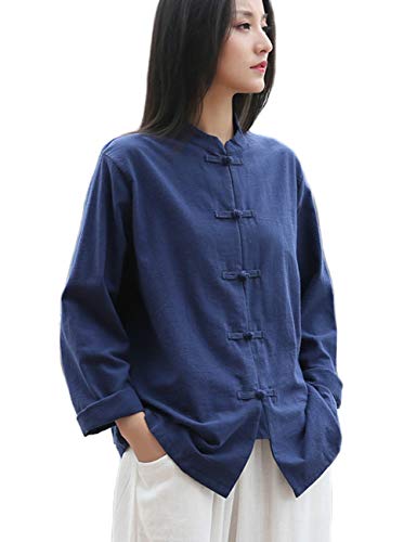 Womens Cotton Linen Casual Long Sleeve Loose T-Shirt Tops Button Down Blouse Cardigan Shirts