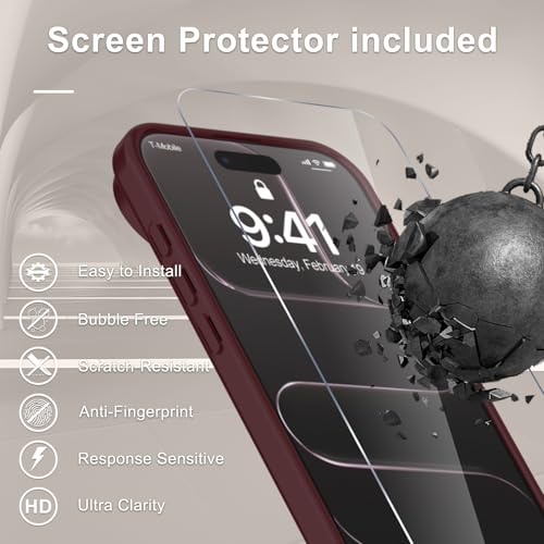 Image of YENAPOON for iPhone Air Case, Matte Magnetic Phone Cover [with 1 Screen Protector] [Support for MagSafe] [Shockproof Military Grade Protection] Translucent Frosted Back, Wine Red