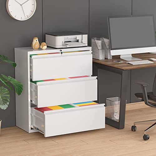 Greenvelly 3 Drawer Lateral File Cabinet, White Metal Lateral Filing Cabinet With Lock, Lockable Home Office Cabinet With Locking Drawers, 2 Keys For Legal And Letter Size #TOP1