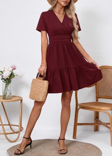 Image of Women's Casual Summer Dress V Neck Short Sleeve Flowy Stretchy Comfort Fit for Daily Wear Work Midi Dresses