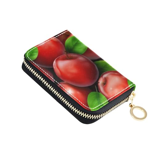 Shiny Red Apples Green Leaves Wallet for Women Zip Around RFID Blocking Credit Card Wallets Cute Scan Proof Zipper Card and Cash Holder