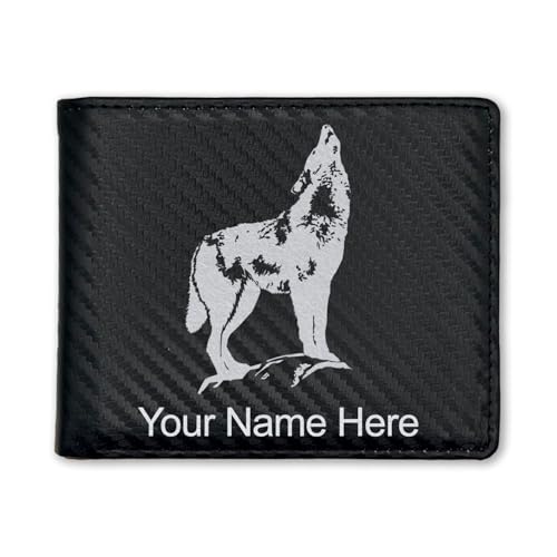 LaserGram Faux Leather Bi-Fold Wallet, Howling Wolf, Personalized Engraving Included (Carbon Fiber Black with Silver)
