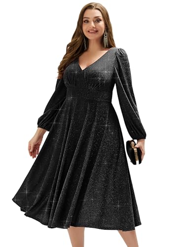 Ever-Pretty Plus Women's Tea Length Glitter Formal Dress V Neck Long Sleeve Plus Size Wedding Guest Dresses with Pockets