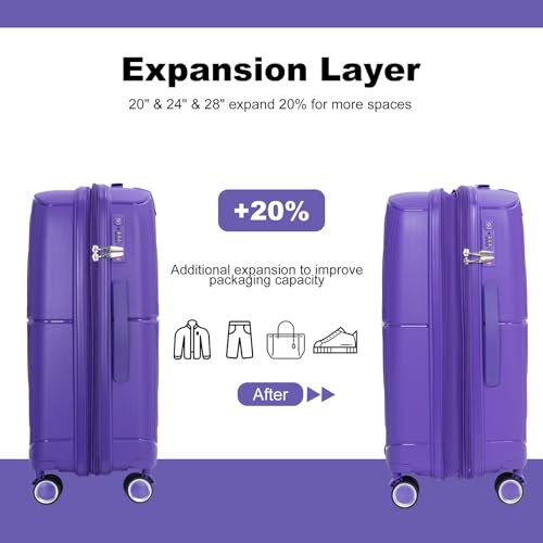 Luggage Sets 3 Piece, Expandable Hardshell Suitcase Double Spinner Wheels PP Luggage Sets Lightweight Durable Suitcase with TSA Lock Carry On Travel Luggage (20/24/28), Purple4