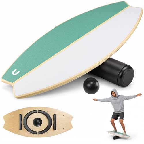 unycos - Tabla de Equilibrio Multifunción de Madera 80 x 35 cm con Rodillo y Pelota, Balance Board Antideslizante con 7 Modos y Topes Magnéticos, hasta 200 kg, para Core, Coordinación y Fitness