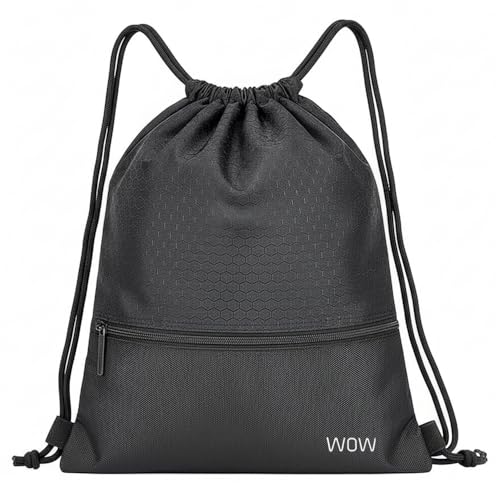 wowtravel Gym Bag Waterproof Drawstring Backpack with Zipper Pocket, Lightweight Sports Sack for School, Swimming, Gym, Beach, Holiday Travel, Kids & Adults – Black