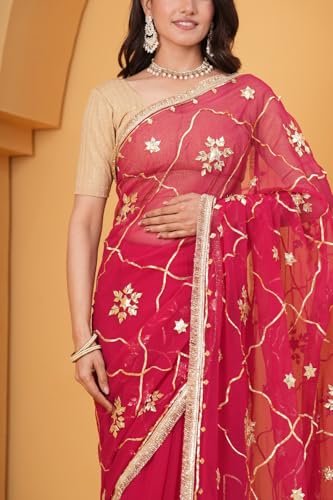 Image of Embroidered Organza Saree with Lace Border for Women | Organza Saree for Wear in Occasions | Elegant Ethnic Wear | Red Pink