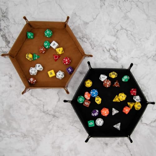 2 Stück Faltbare Würfelbretter Doppelseitig Würfelbrett, Samt Faltbar Würfeltablett Hexagon Würfelteller Leder Würfelbretter für RPG DND Dragons Würfel Spiele (Schwarz - Braun)