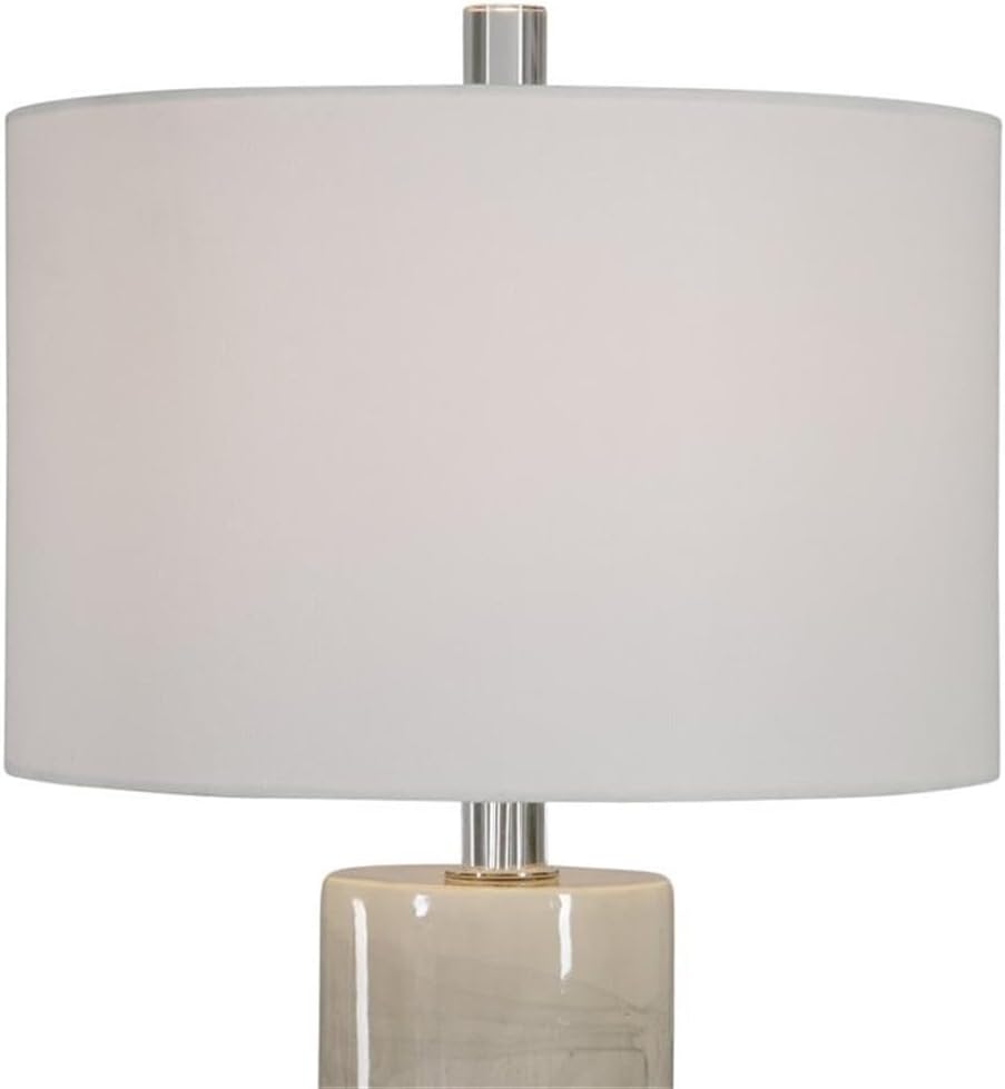 BOWERY HILL Contemporary Ceramic Table Lamp, Beige and Gray Drip Finish, 32 in Height, Crystal and Polished Nickel Accents, White Linen Shade, Modern Design for Living Room or Bedroom Decor