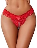 Avidlove Women's Panties Lace Underwear Panty Low Waist Thongs with Pearls Ball Red
