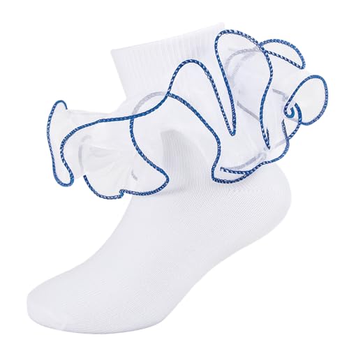 MKYSZLT Girls Ruffle Socks – Royal Blue Frilly Dress Socks with Double Lace and Big Ruffles for Toddlers (Ages 4-6) – 1 Pair