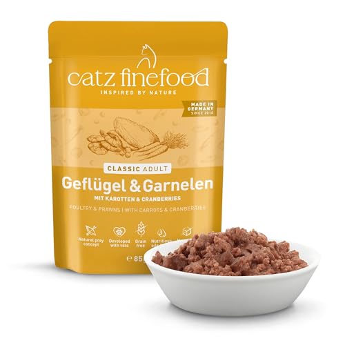 catz finefood N° 17 Geflügel & Garnele Feinkost Katzenfutter nass, verfeinert mit Karotte & Cranberry, 16 x 85g Beutel