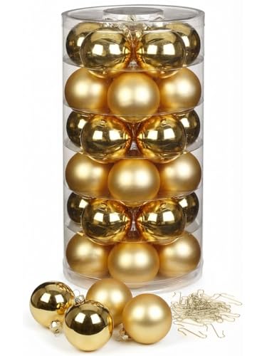 Inge Glas Weihnachtskugeln mit Haken | Schöne Christbaumkugeln aus Glas | Set 30 Kugeln und 40 Aufhänger | Christbaumschmuck Weihnachtsbaumkugeln (Inkagold | Gold)