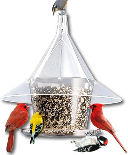 best bird feeder for chickadees that will transform your backyard experience 5 SKY CAFE - Squirrel Proof Bird Feeder for Outside - Large, 17 in. Diameter, 1.5 Gallon Birdseed Capacity - Made in USA by Arundale (Crystal Clear)