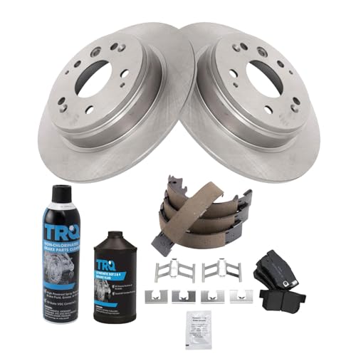 Image of TRQ Rear Brake Pad & Rotor Kit, with Chemical Kit Parking Brake Shoe Set Semi-Metallic Compatible with 2004-2008 Acura TL 2003-2011 Honda Element