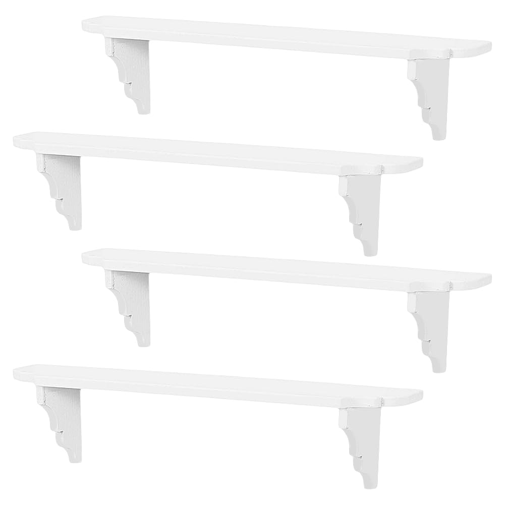 HOBBIESAY 4PCS White Wall Shelf Doll House Storage Small Floating Shelves for Wall Mounted Shelf for Bathroom Little Mini Tiny Display Hanging Shelves for Books Storage Room Decor, 1：12 Scale