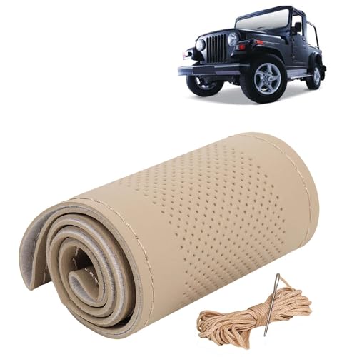 Image of KINGSWAY PU Leatherite Car Steering Cover Sewable Compatible with Mahindra Thar (Year 2010-2019), Beige Color with Beige Thread, Pack of 1 with Sewing Needle and Thread