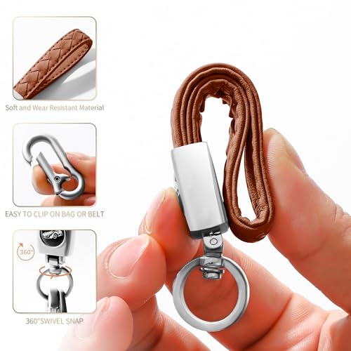 Image of Gkeygo Carabiner Keychain, Universal Heavy Duty Woven Handmade Leather Key Chain, Car Fob Key Keychains with 360 Degree Rotatable Snap Swivel and Anti-Lost D-Ring for Men and Women, Silver - Brown