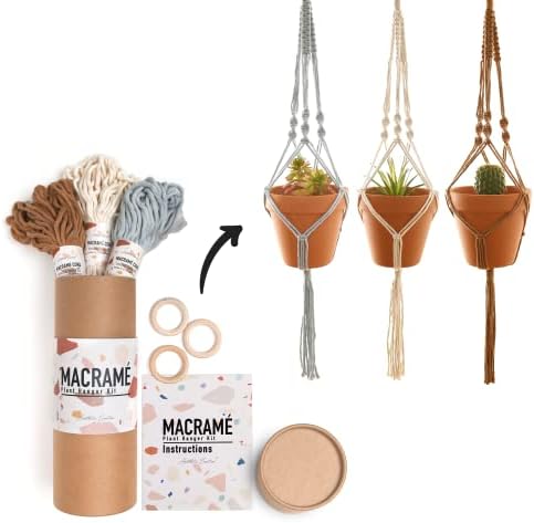 Macrame Kit, Makes 3 DIY Plant Hangers for Teens & Adult Beginners, Craft Supplies for Boho Art Project-3 Custom Color Macrame Cord, Wooden Rings & Instructions